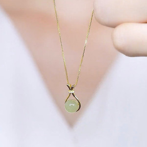 Hetian Jade Pendant Necklace Water Drop Shape Bezel Setting Lucky Bag Design Everyday Wear Clavicle Chain Gold Tone - Product Image 2