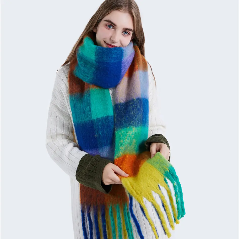Fringe Hem Colorblock Scarf autumn winter checked stoles scarf shawls for women