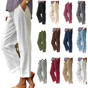 Nouveau pantalon décontracté droit pour femme en coton et lin, taille élastique régulière, teint uni, style simple et tendance pour l'automne - Product Image 1