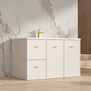 Meuble de salle de bain sur pied avec lavabo en céramique, miroir intelligent en PVC 18 mm, peinture cuite en une seule pièce, rangement multiple - Product Image 2