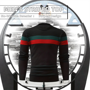 Pull tricoté personnalisé pour homme, col rond, rayé, anti-rétrécissement, anti-plis, à manches longues, avec motif décoratif, idéal pour l'hiver - Product Image 2
