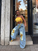 Jean large taille haute tendance pour femme 2027, style streetwear, avec franges colorées, déchiré et délavé, coupe baggy, pantalon en denim pour l'automne