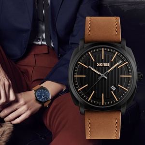 Montre à quartz analogique pour hommes, cadran rond noir, bracelet en cuir, affichage de la date, montre-bracelet décontractée à la mode, boîtier en alliage Zonc - Product Image 1