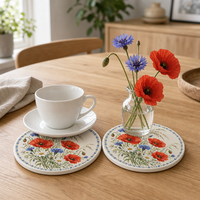 Sous-verre en céramique rond 10,8 cm, motif bouquet de coquelicots, bordure bleue en vigne, impression UV émaillée, base en liège, pour table basse, décoration intérieure, cadeau