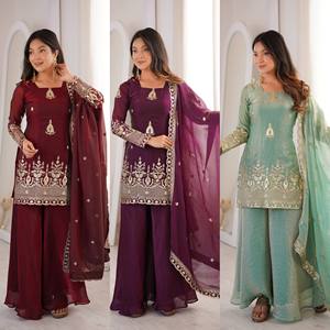 Ensemble prêt-à-porter pour femme, entièrement cousu, style ethnique, avec broderie et travail de sequins, comprenant un haut à bordure en dentelle, un pantalon palazzo et un dupatta. - Product Image 4