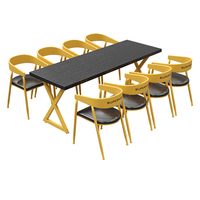 Ensemble de table à manger moderne et durable avec plateau en bois et structure en fer, mobilier de restaurant bleu pour hôtel et centre commercial
