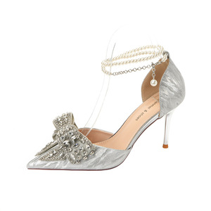Zapatos de Tacón de Aguja con Punta Sólida y Adorno de Lazo de Pedrería, con Correa al Tobillo, para Novia, Cómodos, Calzado de Boda para Mujer, Forro de Satén - Product Image 5