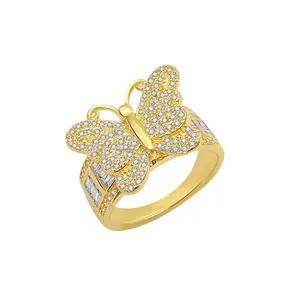 Elegante anillo de joyería de plata pura con ajuste de garra con mariposa de circón chapado en oro regalo perfecto para boda