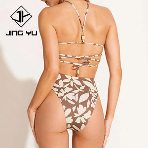 Wholesale beach print fashion halter neck swimwear OEM custom recycled polyester one-piece swimsuit - Product Image 2