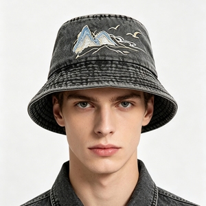 Washed Denim <b>Bucket</b> <b>Hat</b> with Mountain Embroidery, Sun Protection Wide Brim Sun <b>Hat</b> <b>for</b> Men <b>Women</b> - Product Image 1