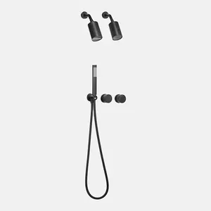 Matt Black Bathroom Shower Set System Functional Concealed Copper Mixer with 2 Cylindrical Shape Head Shower