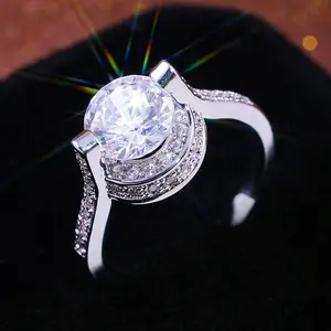 CAOSHI Cincin Batu Putih Mewah Potongan Bulat, Cincin Pernikahan Pertunangan Kristal Zirkon Cantik