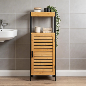 Mueble <span class=keywords><strong>de</strong></span> <span class=keywords><strong>Baño</strong></span> Estrecho y Alto <span class=keywords><strong>de</strong></span> Bambú Estilo Francés con Cuatro Niveles, Estantes Abiertos y Puerta, Sostenible - Product Image 3