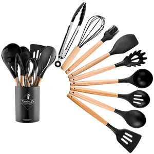 Set di utensili da cucina per cucina antiaderente Set di spatole in legno nero manico in Silicone gadget da cucina