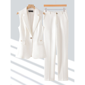 Khaki Women's Suit Vest Set Slim Fit Professional Two Piece Solid Color Worsted Fabric YSY8918 - Product Image 3