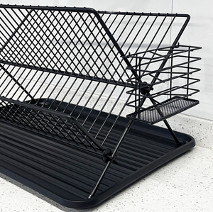 Égouttoir à vaisselle pliable à 2 niveaux en fil métallique noir avec revêtement par pulvérisation, support de rangement pour comptoir de cuisine - Product Image 3