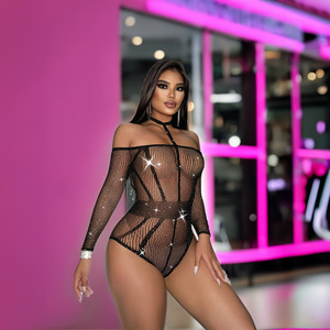 New Trendy Sexy Lingerie Hollow Mesh See Through Long Sleeve Skinny Rhinestones Onesie Jumpsuits Fishnet Bodystocking for <b>Women</b> - Product Image 2