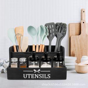 Wooden Multi Compartment Kitchen Utensil Storage Box With <b>Spice</b> <b>Jars</b> L Size Black And White Natural Wood Color - Product Image 4