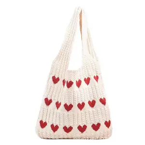 New Arrival Crochet Knitted Hand Tote Bag Multiple Colors Ladies Mesh Beach Bags Valentine's Day Red Heart Shopping Bags