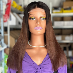 Perruque en cheveux humains 100% de haute qualité, couleur brun-roux, densité 200, cheveux longs et raides naturels avec dentelle frontale pour femmes - Product Image 1