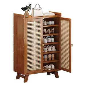 Mobile Portascarpe Moderno <span class=keywords><strong>in</strong></span> <span class=keywords><strong>Legno</strong></span> Massello e Rattan Intrecciato, Scaffale Multilivello per Scarpe da Soggiorno - Product Image 2