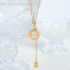 Fashion Cute Jewelry White Shell Bear Pendant Necklace Stainless Steel Gold Plated Tassel Bear Charm Necklace colier pour femme