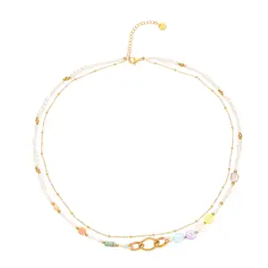 Модные ювелирные изделия Модные Красочные цепочки жемчужное ожерелье из смолы 18K Позолоченные из нержавеющей стали двойные ожерелья для Wo