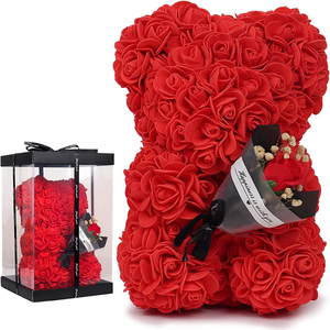 Ours en fleurs artificielles de 10 pouces tenant un bouquet avec boîte cadeau pour la fête des mères, anniversaire de mariage, anniversaire, certifié ISO9001 - Product Image 1