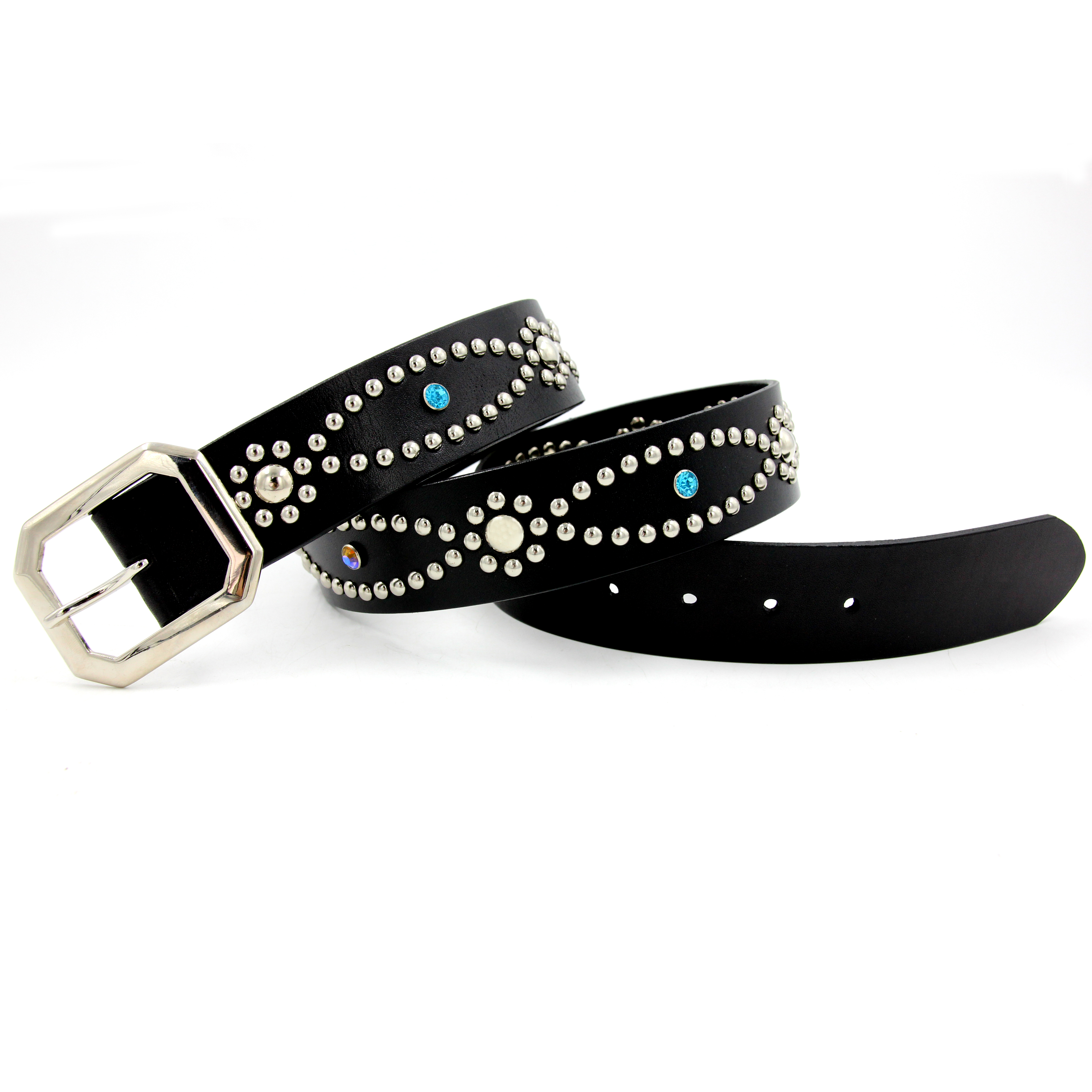 [LUV IS TRUE]★25SS★韓国人気★SM STUD BELT YYHJM 3 Row Pyramid Studded Belts Silver Stud Black Belt PU