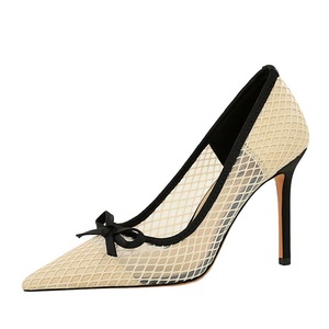 9329-3 French-style Fashionable Solid High-heeled <b>Shoes</b> <b>Bow</b> Pointed Toe Shallow Cut Mesh Lace Stiletto Heel Slip-on Women's - Product Image 5
