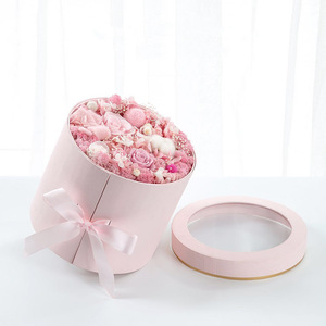 Double-Layer Cylinder Gift <b>Box</b> With Clear Lid And Ribbon Bow For Flowers High-End Rigid Paperboard Container - Product Image 4