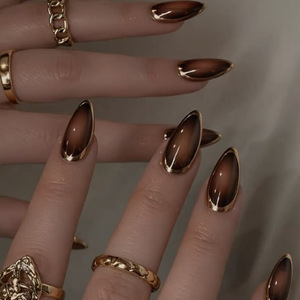 พร้อมส่ง ชุดเล็บปลอมแบบเต็มแผ่นทรงอัลมอนด์ฝรั่งเศส วัสดุ ABS พร้อมกาว - Product Image 3