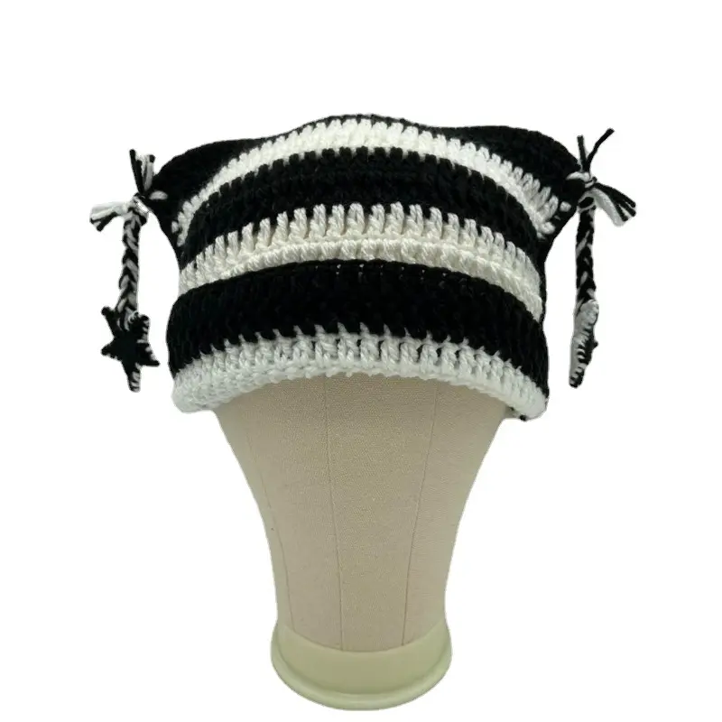 2023 Selling Star Animal Ear Hat Adult Warm Hand Crocheted Fox Ear Striped Wool Cap