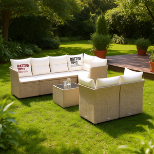 Ensemble de canapés de jardin en rotin beige, rotin PE, 6 places, mobilier d'extérieur, design contemporain, pieds réglables - Product Image 2