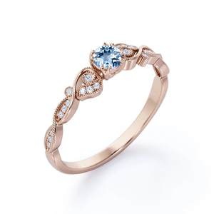 Anillo de Compromiso Delicado con Diseño Floral y Engaste de Garra, Corte Redondo, Aguamarina y Circonita Cúbica, Chapado en Oro S925 - Product Image 6