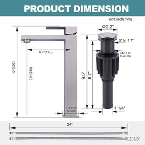 Single Handle Tall Bathroom Basin Faucet with Pop up Drain and Supply Lines, <b>Brushed</b> Nickel Basin Sink Faucet - Product Image 5