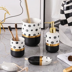 Black &amp; White Ceramic Bathroom Accessories Set Bathroom Soap Dispenser Set With Golden <strong>Trim</strong> - Product Image 1
