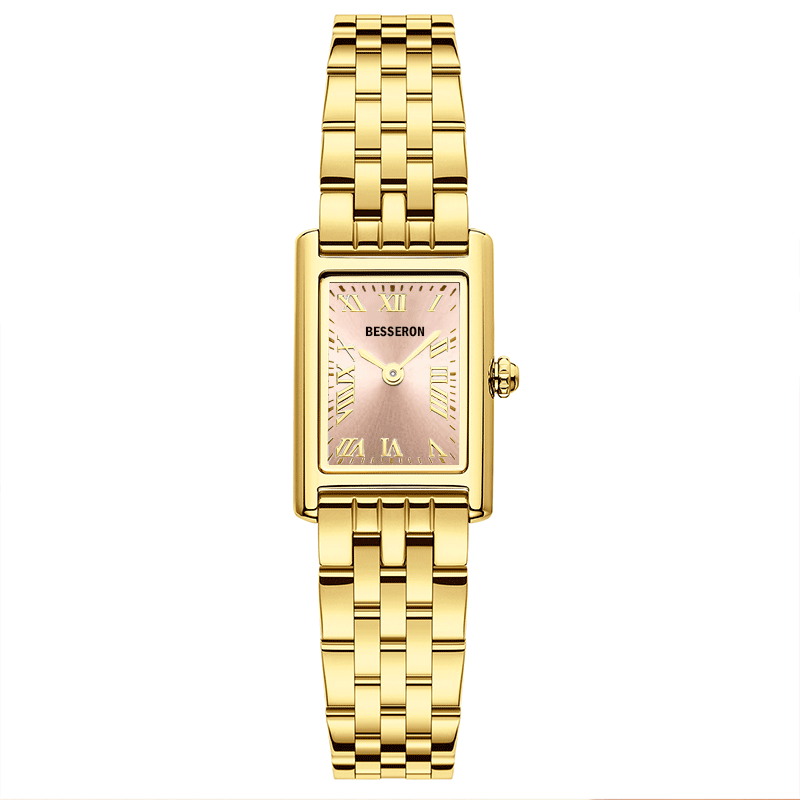 Reloj dorado con esfera metálica.