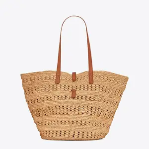 Bolsos de mano de paja de playa grandes para mujer al por mayor, bolsos de mano de paja grandes de verano para mujer, bolso de hombro con correa de PU