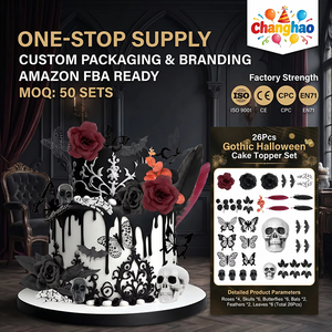 Venta al por Mayor de 26 Piezas de Adornos Góticos para Pastel de <span class=keywords><strong>Halloween</strong></span>, Decoraciones de Rosas Negras y Rojas, Calaveras y Mariposas para Cupcakes, Suministro Integral - Product Image 1