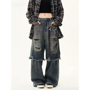 Pantalones Vaqueros Retro Americanos 2026 de Doble Perforación con Parches Lavados para <span class=keywords><strong>Hombre</strong></span> - Pantalones Casuales de Pierna Recta con Agujeros Estilo High Street - Product Image 3