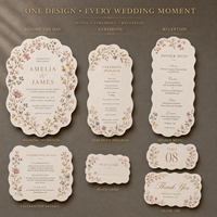 Cartes de menu de mariage à bords festonnés ondulés, motif floral, papier texturé personnalisé multi-tons aquarelle fleurs sauvages