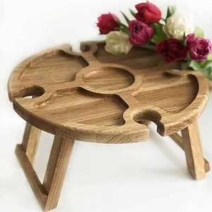 Wooden Folding <b>Picnic</b> <b>Table</b> Round Acacia Outdoor <b>Table</b> With Wine Glass Holder <b>Portable</b> 30x30x16cm - Product Image 5