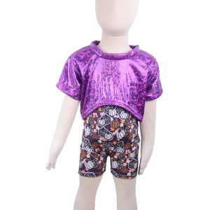 도매 사용자 정의 할로윈 데이 승화 세트 베이비 롬퍼와 퍼플 가죽 소재 반팔 탑 세트 - Product Image 6