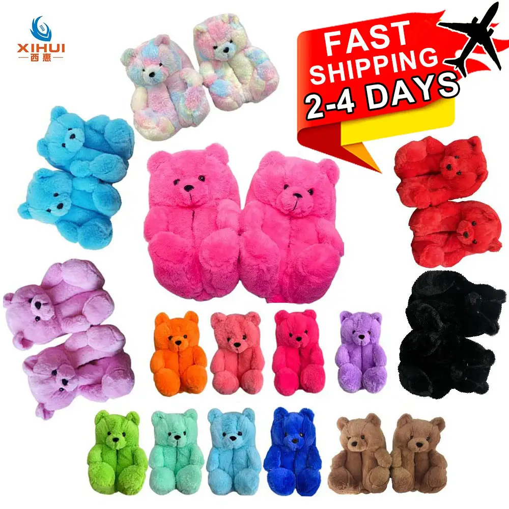 Lovely Plush Fast Shipping Adult/Kids/Toddler Size Teddy Bear Slipper Comfortable House Slippers Woman Girls Furry Fur Slides