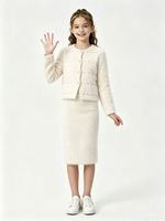 Ensemble 2 pièces en fourrure orné de strass de haute qualité, robe midi sans manches à col rond + veste courte à manches longues, costume d'hiver