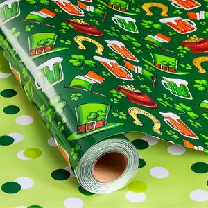 St Patricks Day Reversible <b>Wrapping</b> <b>Paper</b> Roll 17 In X 32.8 Ft Green Shamrocks Horseshoe Gift Craft Decor - Product Image 2