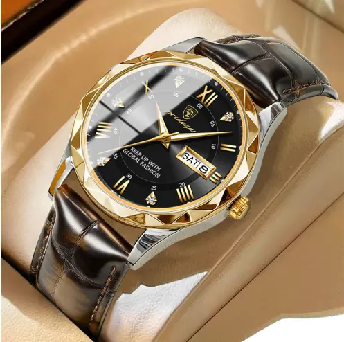 POEDAGA 615 Top Brand Man Wristwatch Men's Watch Luminous Date Week Quartz Waterproof Glass Leather Alloy Square