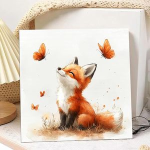 Cuadro de lienzo estirado para niños <span class=keywords><strong>con</strong></span> impresión digital Songwoo, pintura por números de zorro bebé y mariposas naranjas en <span class=keywords><strong>acuarela</strong></span> - Product Image 2