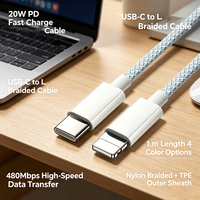 Câble tressé USB-C vers Lightning 20W PD à charge rapide, 1m, 4 couleurs, en nylon TPE pour iPhone iPad, charge 480 Mbps + synchronisation des données 2-en-1